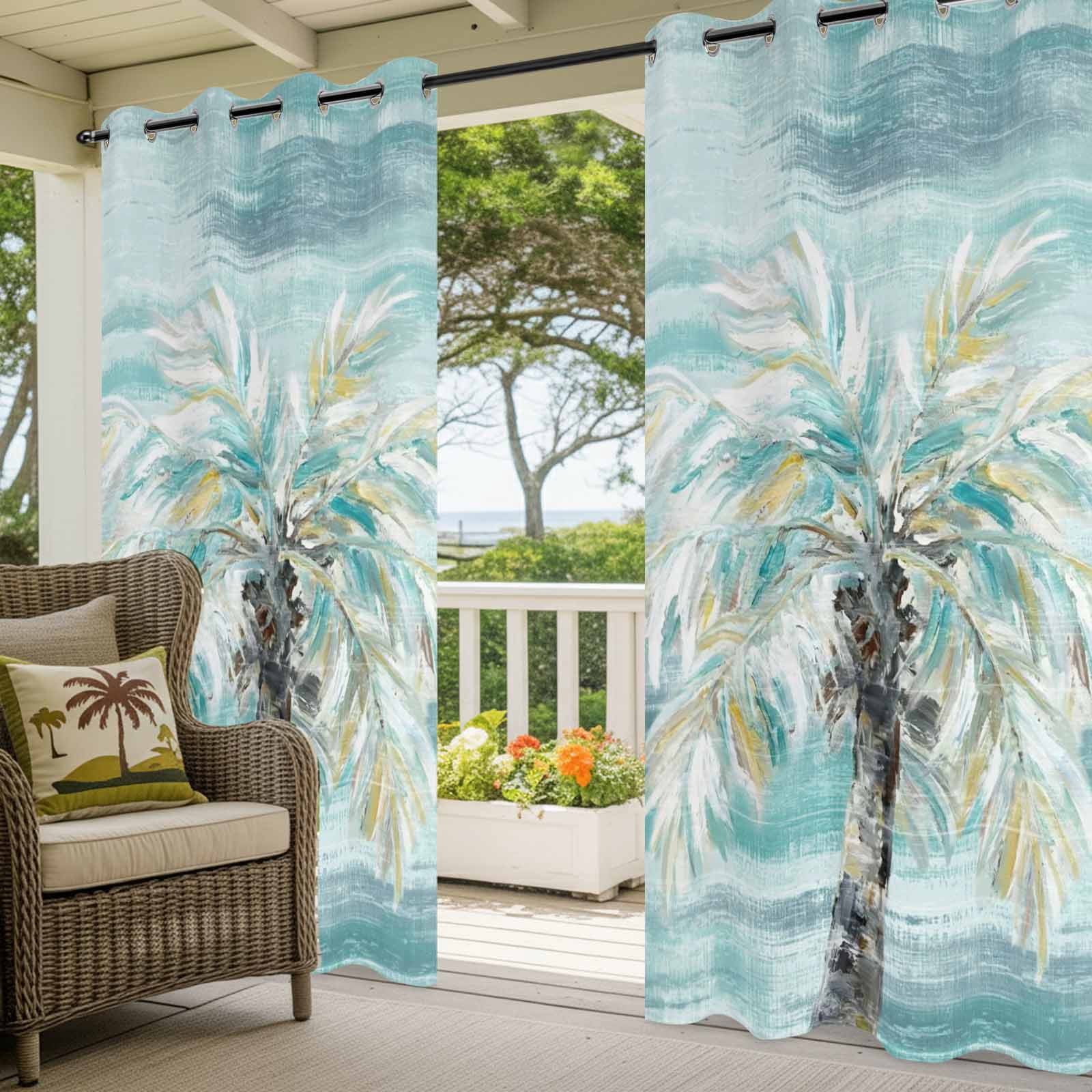 Summer Beach Palm Outdoor Curtains for Patio, Country Abstract Coastal Seaside Teal Yellow Brown Palm Sunshade Privacy Drapes Grommet Waterproof Outside Curtains for Porch Balcony 54"x108", 1 Panel