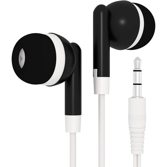 Earbuds Headphones 100 Pack Wholesale Bulk School / Library / Office Supplies Disposable Earphone Earbuds for Kids, Adults - Individually Bagged Gift - Black