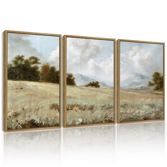Retro 11x14in3pcs Natural Framed Landscape Wall Art Large Grassland Wall Prints Classic Vintage Farmhouse Wall Decor for Living Room Bedroom