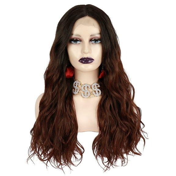 Unique Bargains Lace Front Wigs for Women 24" Black Gradient Dark Brown Long Body Wave with Wig Cap Comb