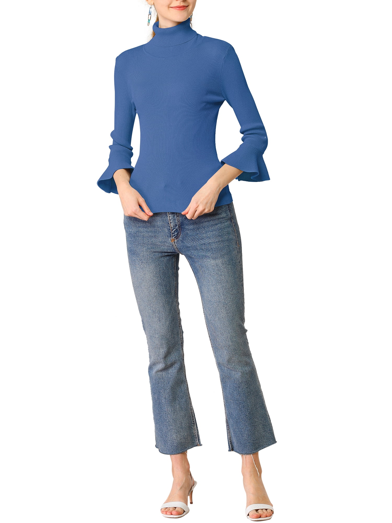 DARING DIVA Women's Ruffle Sleeves Pullover Knit Turtleneck Sweater XL Blue