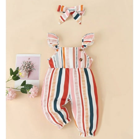 

Sunhillsgrace 2023 Summer Girls Outfits&Set Toddler Infant Newborn Kids Baby Girls Cute Striped Sleeveless Jumpsuit With Headbands Outfits Set 2Pcs Clothes