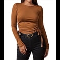 thumbnail image 3 of Camisa Corta de Cuello Redondo, Larga y Cordón Lateral para Mujer, Ajustada, Acanalada Marrón y Amarillo XL, 3 of 6