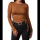 thumbnail image 3 of Camisa Corta de Cuello Redondo, Larga y Cordón Lateral para Mujer, Ajustada, Acanalada Marrón y Amarillo M, 3 of 6