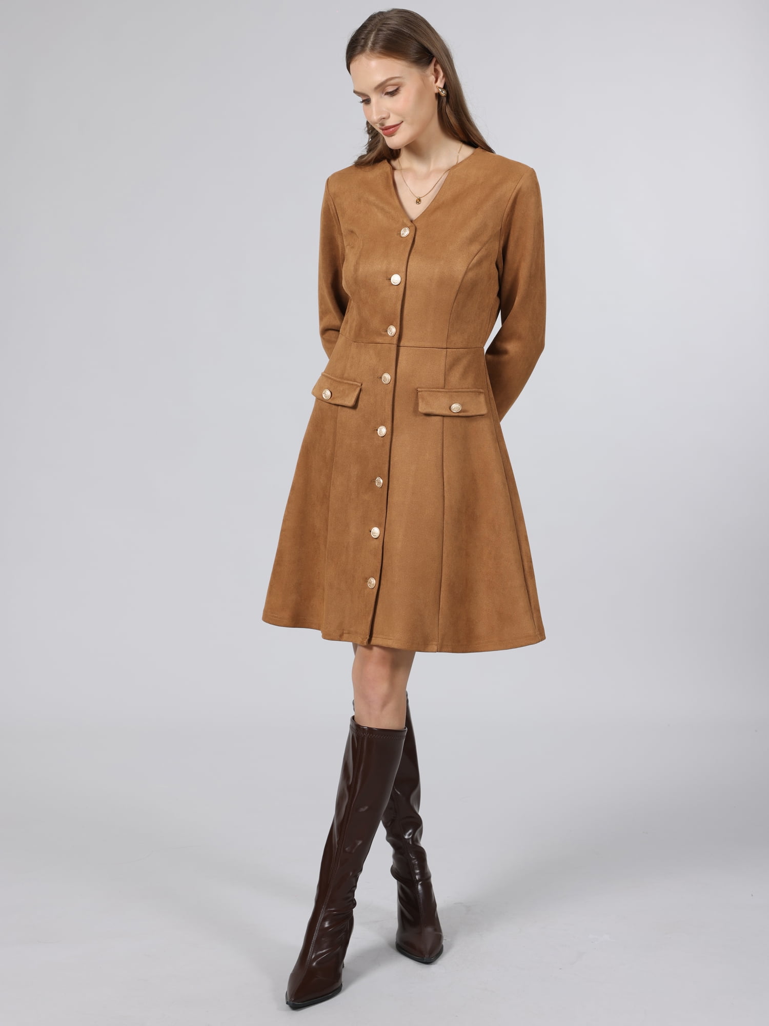DARING DIVA Women's Faux Suede Button Down V Neck Long Sleeve Dress L Brown