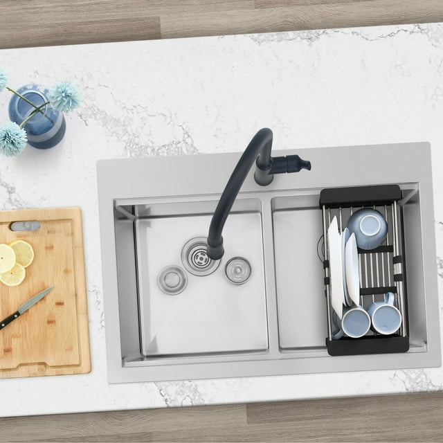 Azuni Topmount 31 1⁄4 Pouces Poste de Travail à Double Bol en Acier Inoxydable Évier de Cuisine avec 6 Accessoires C432L