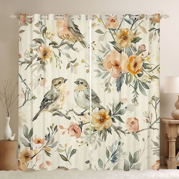 Homewish Kawaii Animal Birds Black Out Curtains for Female Men Adults,Retro Vintage Watercolor Curtains Pack of 2 (42x63 Each),Chic Flowers Bedroom Curtains,Breathable Home Decor