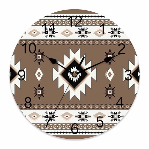 Wall Clock Brown Boho Clocks PVC Silent Non-Ticking Battery Operated Decorative Southwest Tribal Aztec Geometric Round Clock for Home Living Room Kitchen Bedroom Office School Wall Decor 14 Inch