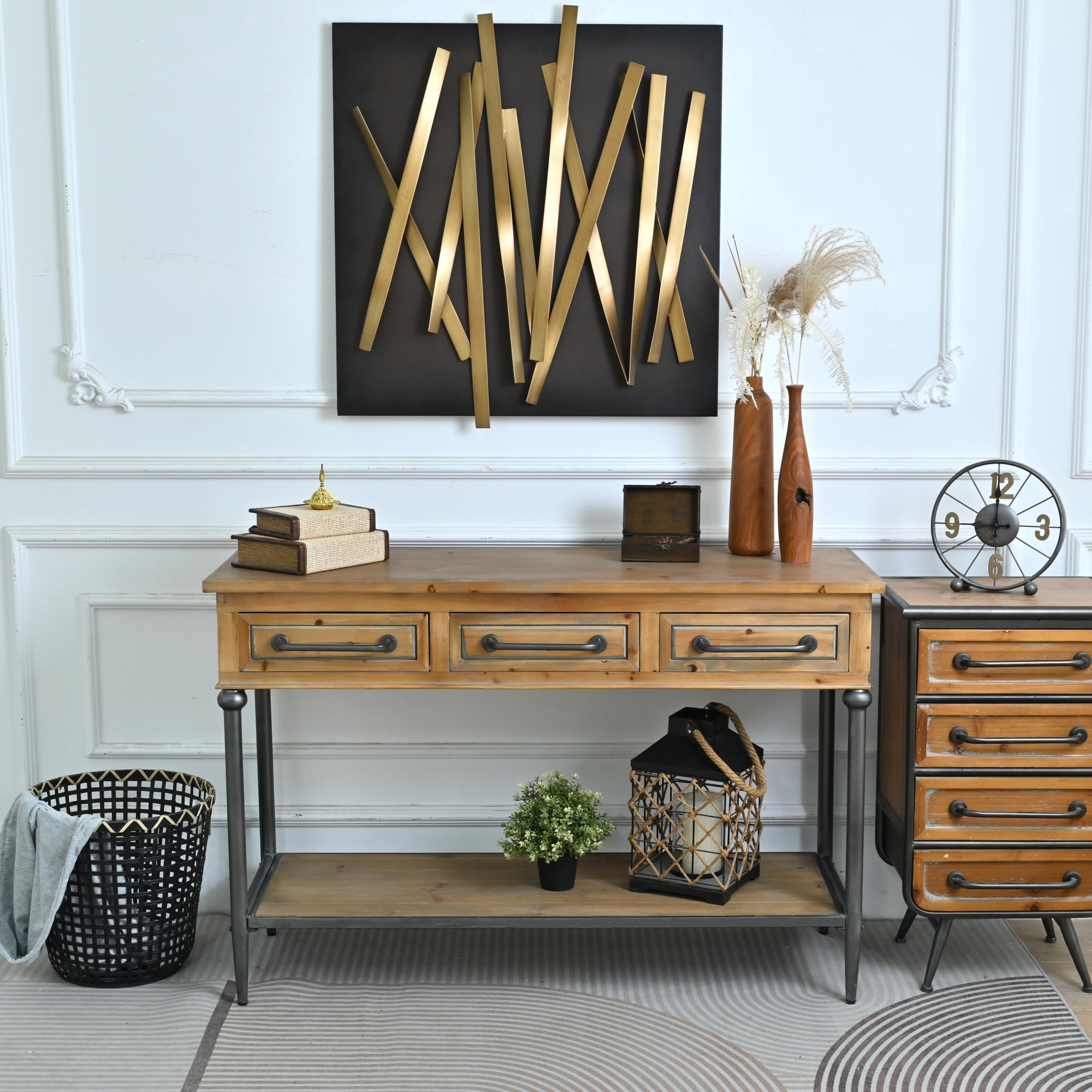 Leumius 48.03" Accent Rustic Storage Console Table, Rectangle Solid Wooden Top Metal Leg Console Table with Open Shelf and 3 Drawers for Living Room