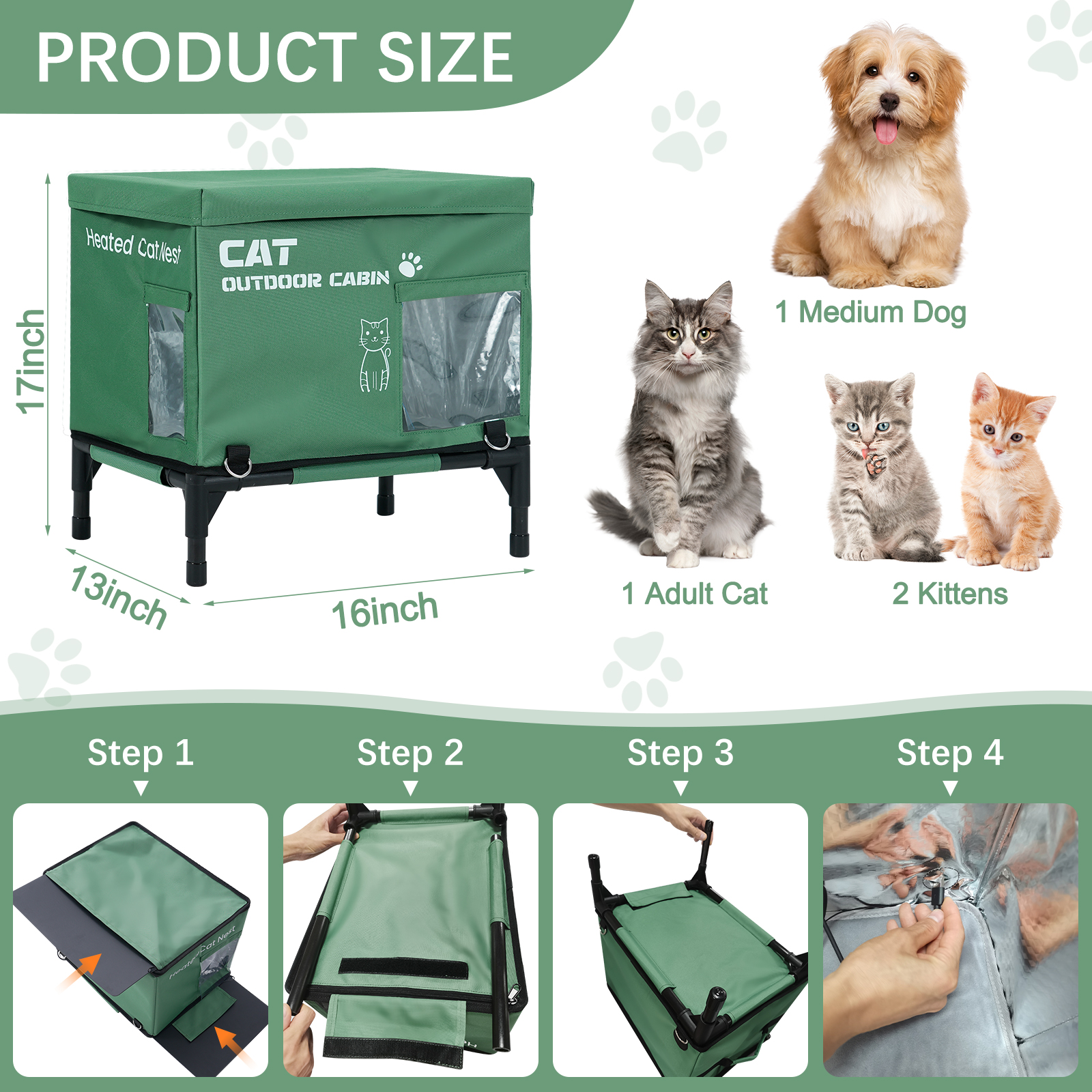 Heated Cat House for Outside in Winter, Outdoor Cat House Weatherproof with Heating Pad, Insulated Feral Cat Shelter for Outdoor Barn Strays, Highly Elevated Base & Safe Escape Door, 16 x 12 x 17 in