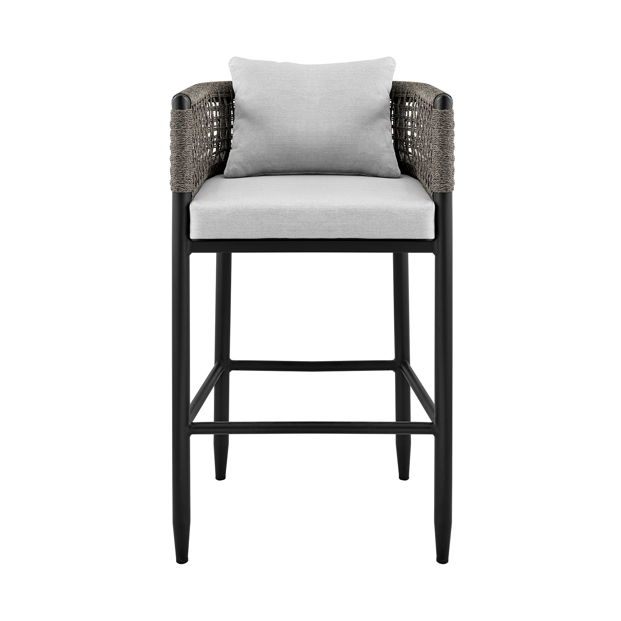 Alegria Outdoor Patio Counter Height Bar Stool in Aluminum with Gray Rope and Cushions - Set of 4