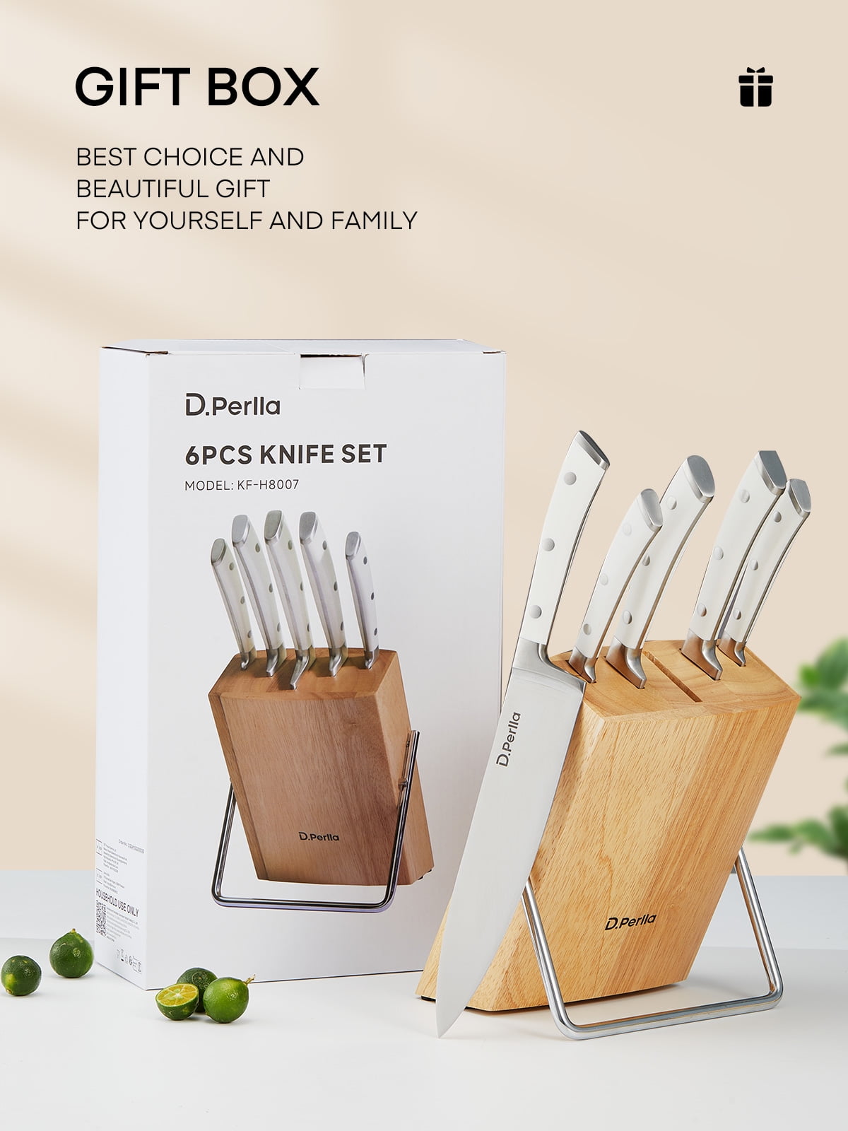 D.Perlla Kitchen Knife Set, 6 Pieces Hign Carbon Stainless Steel Small Kitchen Knives Set with Wooden Block, Cutlery Block Set
