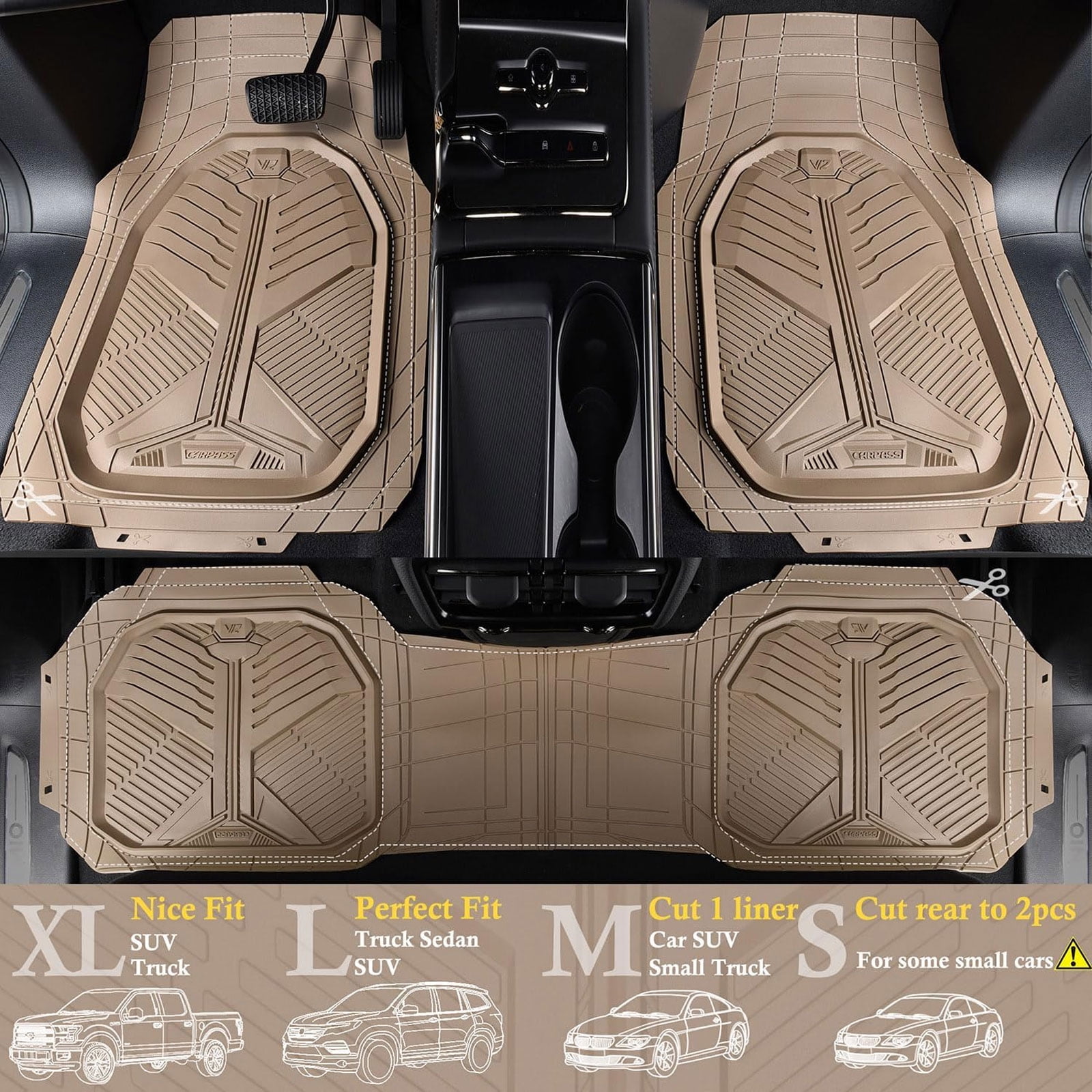 CAR GRAND Heavy duty rubble car floor mats full set deep dish water proof anti slip all weather truck mats universal fit trim-to-fit trimmable all beige