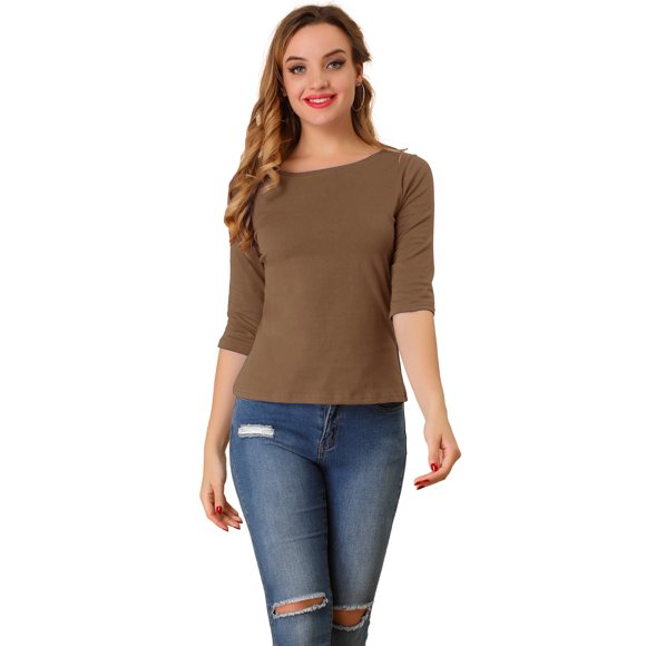 CamiseAjustaCon Cuello Redondo Y Mangas Al Codo PaMujer marrón L