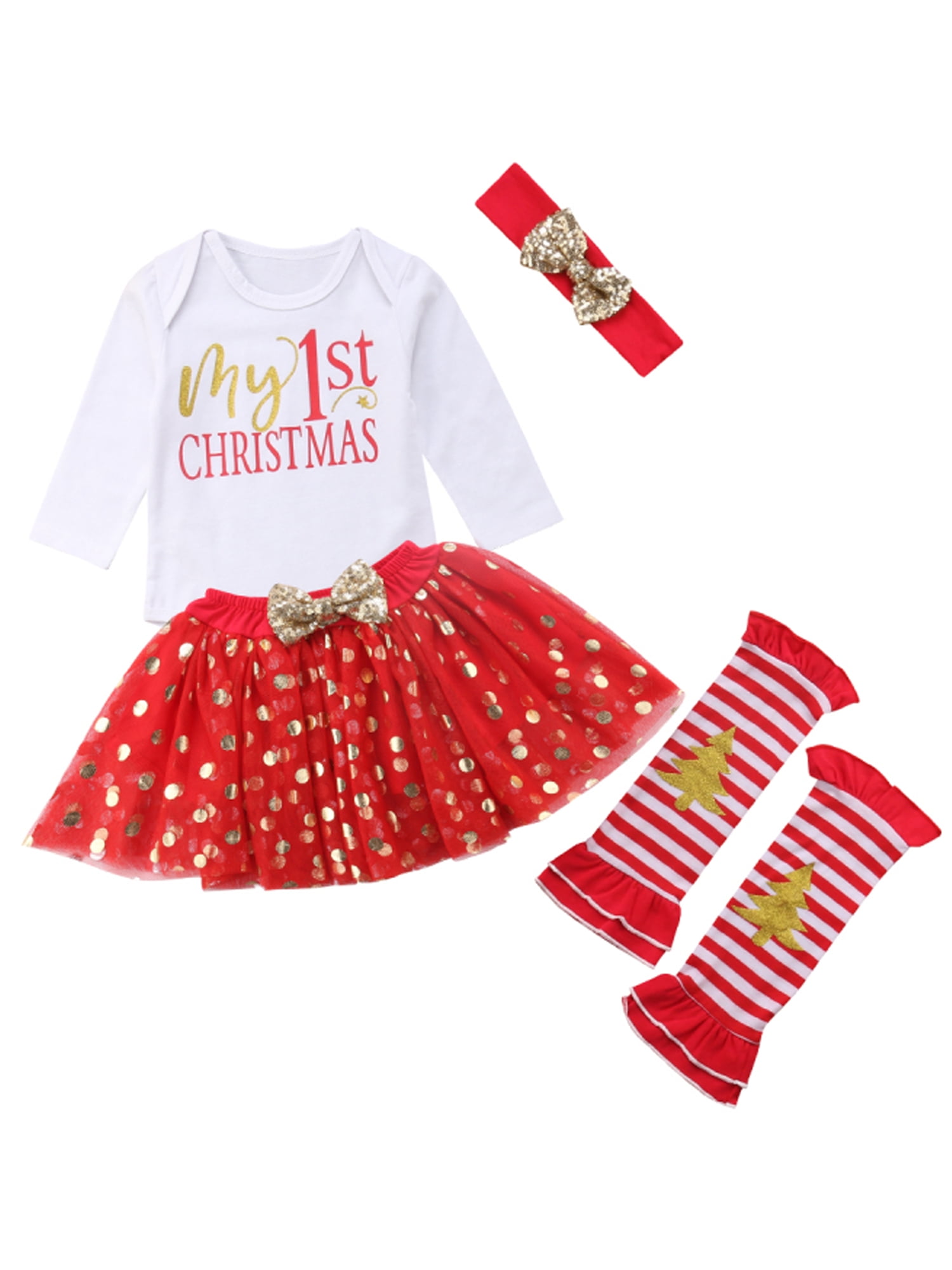 Newborn Baby Girls Winter Outfits My First Christmas Skirt Sets Romper Tutu Dress Headband Infant Long Sleeve Clothing
