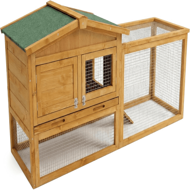 Wooden Small Animal Cage - 2-Tier Weatherproof Hutch with Leak-Proof Tray & Ramp (Natural, 36"L) for Rabbits/Guinea Pigs Indoor/Outdoor