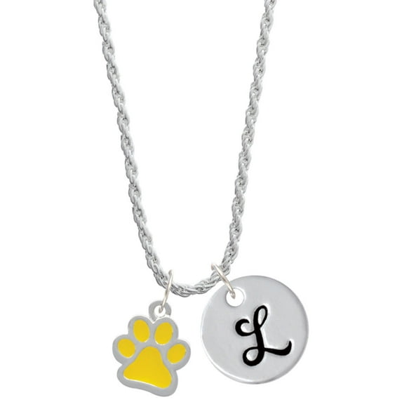 Delight Jewelry Silvertone Medium Translucent Yellow Paw Silvertone Script Initial Disc - L - Charm Necklace, 20"+3"