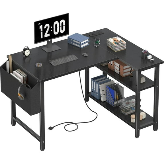 JEZWX 40" Black L-Shaped Desk with Shelves & Power Outlet, Corner Computer or Gaming Desk for Small Space Home Office