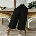 thumbnail image 2 of Uqiangy Linen Palazzo Trousers Women's Linen Wide Leg Capri Pants Waist Flowy Pants Linen Pants Women Plus Size High Waisted Drawstring Capris Linen Cropped Pants Women Boho Capris For Women L, 2 of 5