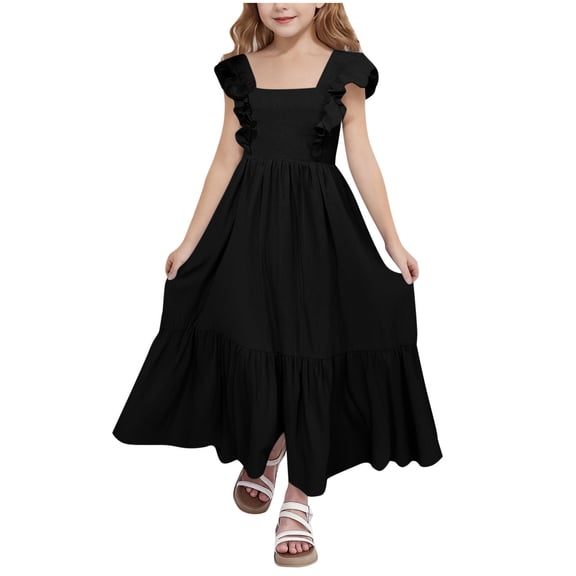 CCRFTGI Dresses for Kids Girls 10-12 Basic Tie Back Square Neck Ruffle Sleeve Spring Summer A Line Boho Dress Cute Beach Holiday Girls Party Dresses Black 9-10 Years