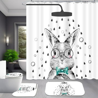 Cute Easter Bunny Shower Curtain Modern Minimalist Rabbit Design Spring Festival Farmhouse Bathroom Decor Waterproof Fabric Curtain Set for Bathtubs with 12 Hooks