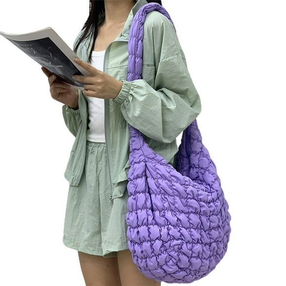 Women's Zipper Bag Quilted Check Big Handbags Tote Bag Foamflower Puff Ladies Shoulder Crossbody Bag (Purple)