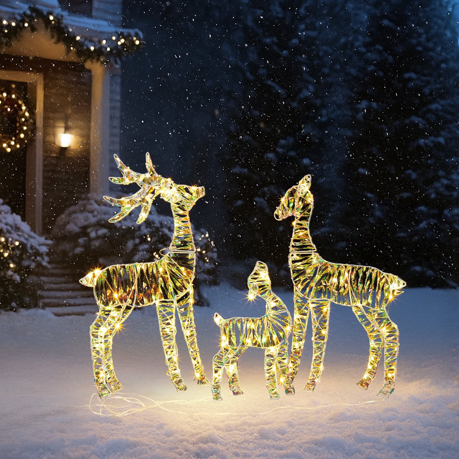 3pcs 2.4FT 2D Family Elk Iron Frame Courtyard Elk Decoration
