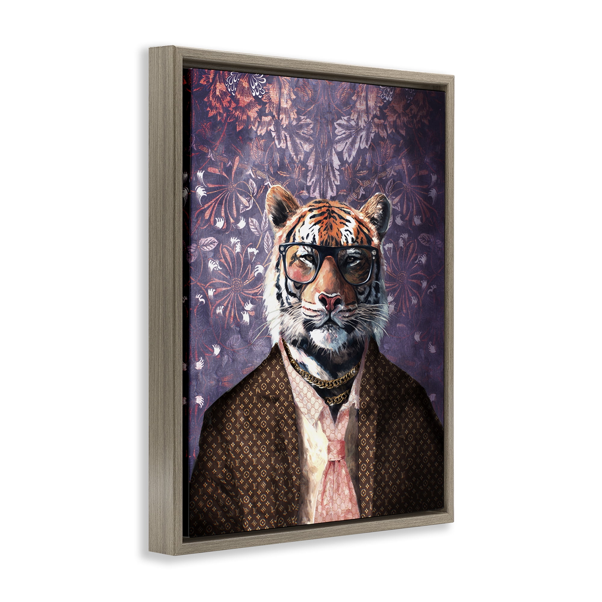 Stupell Industries Tiger in Style on Florals Animals Painting Brown Floater Framed Canvas Art Print Wall Art, 17 x 21