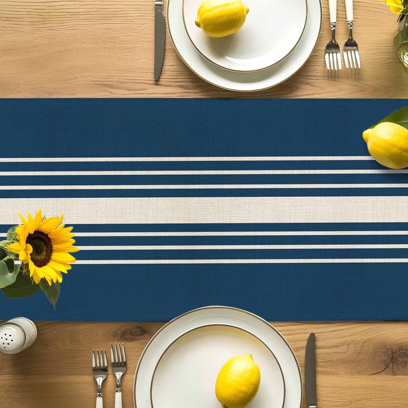Vintage Linen Stripe on Blue Table Runner 90 Inches Long, Modern Minimalist Art Table Runners Tabletop Scarf Kitchen Dining Tables Decoration for Home Party Indoor Outdoor
