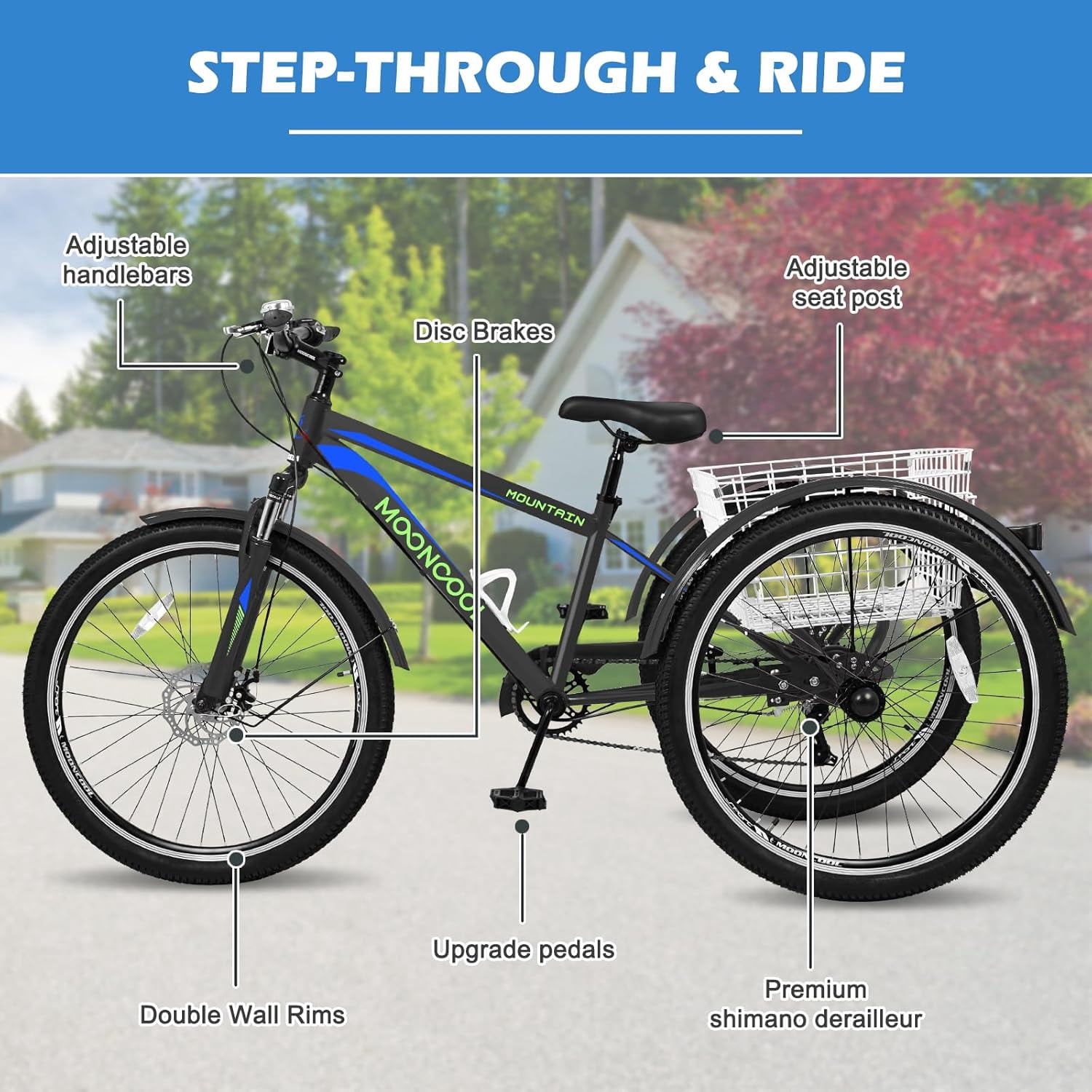 Mooncool Mountain Tricycle for Adults, 7 Speed Three Wheel Bike, 24/26/27.5 Inch Adults Trikes with Shopping Basket, Exercise Men's Women's Tricycles