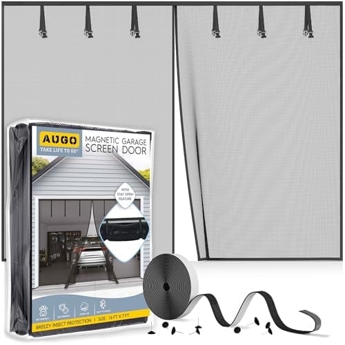 AUGO Garage Door Screen Magnetic Closure - Garage Screen Doors for 2 Car Garage Pull Down - Magnetic Screen Door Mesh - Heavy Duty Weighted Bottom - Pet & Kid Friendly - Keep Open Feature - 16' x 7'