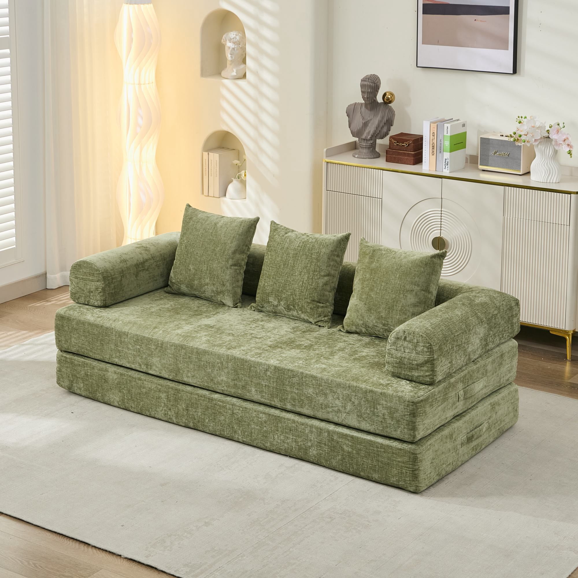 Yoneston 78.8" Convertible Chenille Sleeper Sofa, Modular Multi-Functional Floor Sofa Bed with Pillows for Living Room, Bedroom, Green