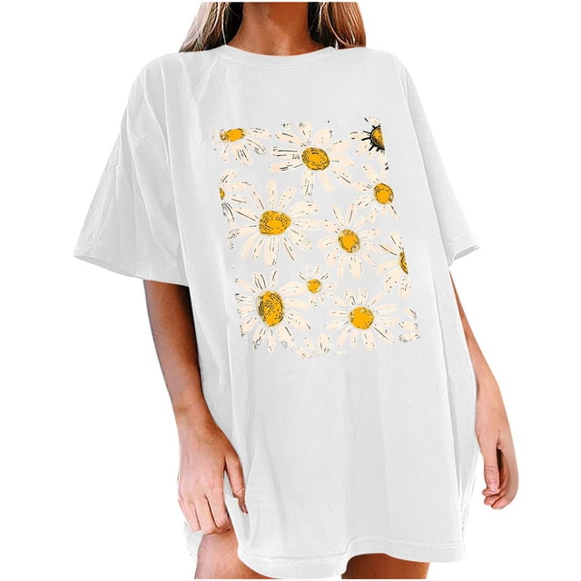 Faldas Cortas para Mujeres, Impresión de Flores Casual Oversized Camiseta de Manga Corta Top Hecho de 95% Poliéster 5% Spandex para Primavera Verano, Falda Corta de Verano