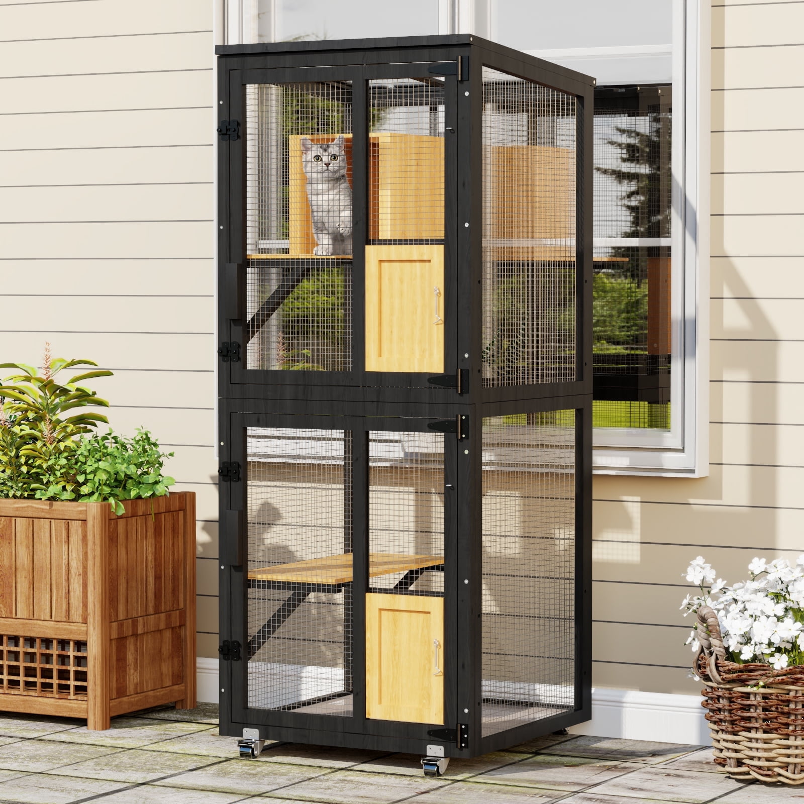 TIMHAKA Outdoor Cat Catio Enclosure, 4 Tiers Indoor Catio w/ Wheels, Resting Box, Waterproof Roof, Black & Yellow