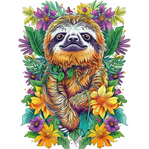 5D DIY Diamond Painting Set "Sloth, Flowers and Animals" Round Diamond Art Crafts for Adults, Suitable for Wall Decoration, Bedroom and Home Decoration
