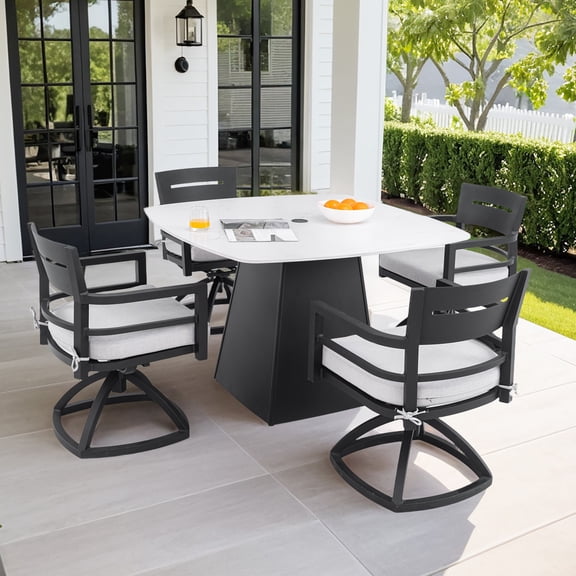 5-Piece Outdoor Pedestal Dining Set, 44" Rounded Square Sintered Stone Table with Flared Base and 4 Swivel Rockers, Sunbrella Cushions, Rust-Free Aluminum, Weather-Resistant for Patio or Deck (Black)