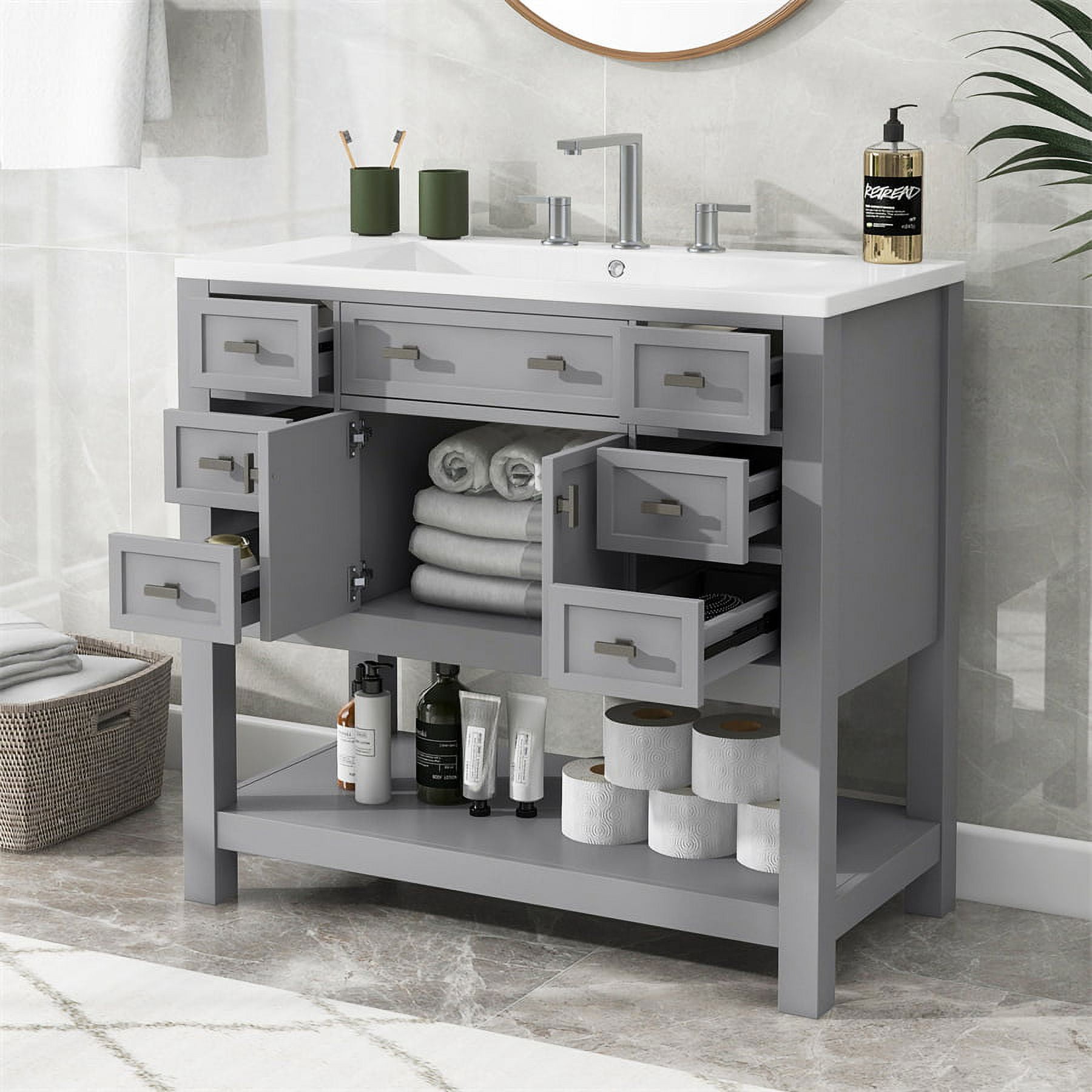 36 Contemporary Bathroom Vanity with Top Sink, 2 Soft Close Doors, and 6  Drawers, Brown - ModernLuxe