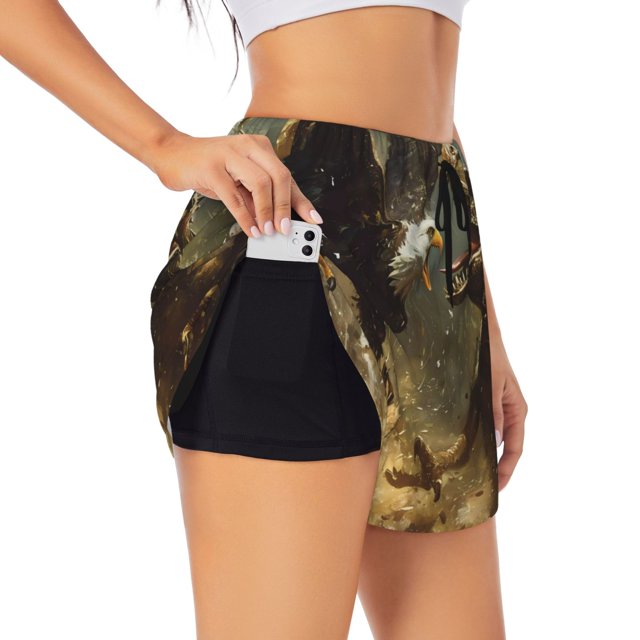 Balery Dinosaur Bald Eagle Pantalones cortos deportivos para mujer con forro y dos bolsillos, elásticos, para entrenamiento, gimnasio, yoga-Large