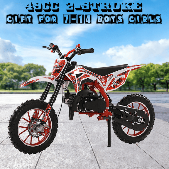 Kids Dirtbike, 2 Stroke Mini Dirt Bike for Kids 6-12, Gas Powered Dirt Bike 49cc w/Dual Suspension & Dual Disc Brake
