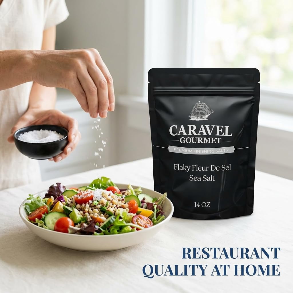 Caravel Gourmet Flaky French Fleur de Sel Sea Salt, Non-GMO, Finishing Sea Salt Flakes, 14 oz Refill Pouch