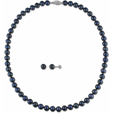 6.5-7mm Black Cultured Pearl 14kt White Gold Strand Necklace and Stud Earrings Set, 18