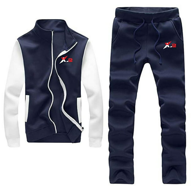 X-2 - Athletic Full Zip Fleece Tracksuit Jogging Activewear Navy-White ...