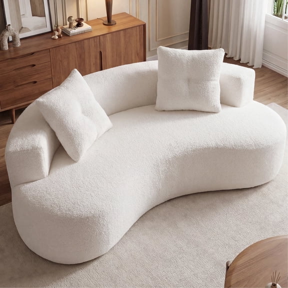 Arouseden 79" White Curved Couch,3 Seater Couch with Large Backrest and 2 Throw Pillows,Upholstered Boucle Couch,Crescent Shaped Sofa for Living Room