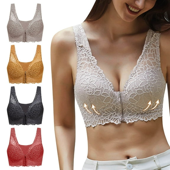 Mepaouo Minimizer Bras for Women Lace Deep V Wireless Bralette Frount Zipper Full Coverage Everyday Bra