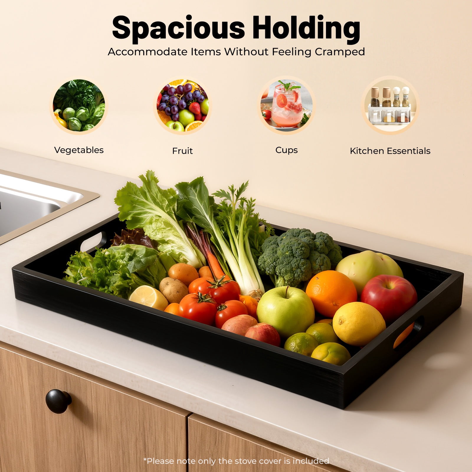 Stove Cover Cutting Board, 28.5x21 Inch Pine Wood Sink Cover with Handles, Multipurpose Kitchen Tray & Chopping Board for Counter Space, Black 44 lbs Capacity