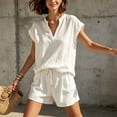 thumbnail image 2 of Morttic Women's Casual V-Neck Short Sleeve Top & Drawstring Shorts 2 Piece Set – Solid Color Summer Lounge & Vacation Outfit White，XXL, 2 of 3