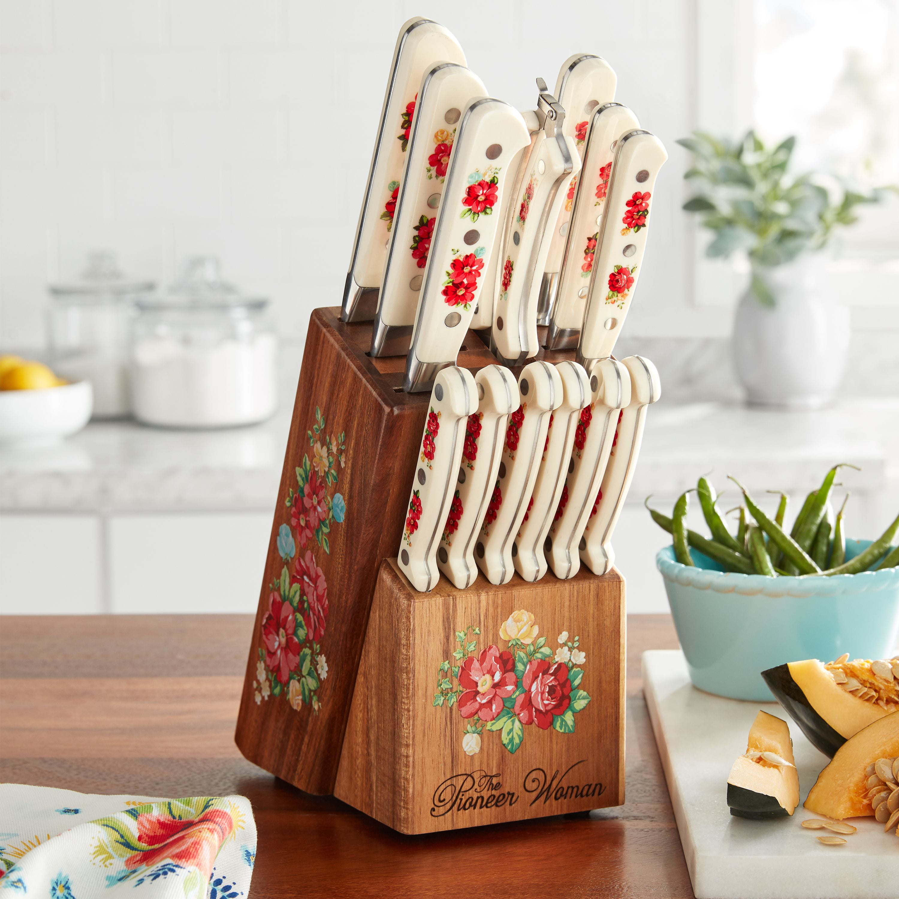 Pioneer Woman Vintage Floral 14-Piece Cutlery Kitchen Set Wood Block Home Dining 