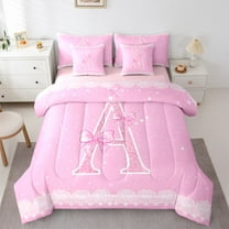 Manfei Letter A Monogrammed 7-Piece Twin Bedding Sets,Pink Sparking Print Bedding Comforter Set,Cute Bow Bowtie Sheet Sets For Child,Microfiber Room Decorative Reversible