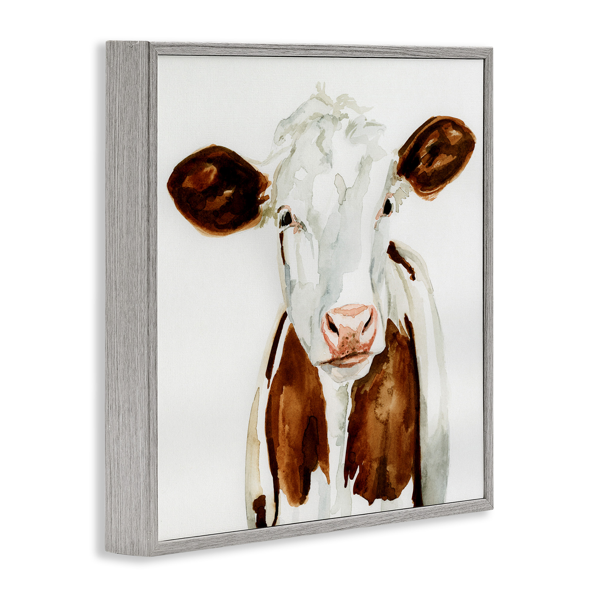 Stupell Industries Farm Cow Neutral Watercolor Animals & Insects Painting Gray Framed Art Print Wall Art, 12 x 12