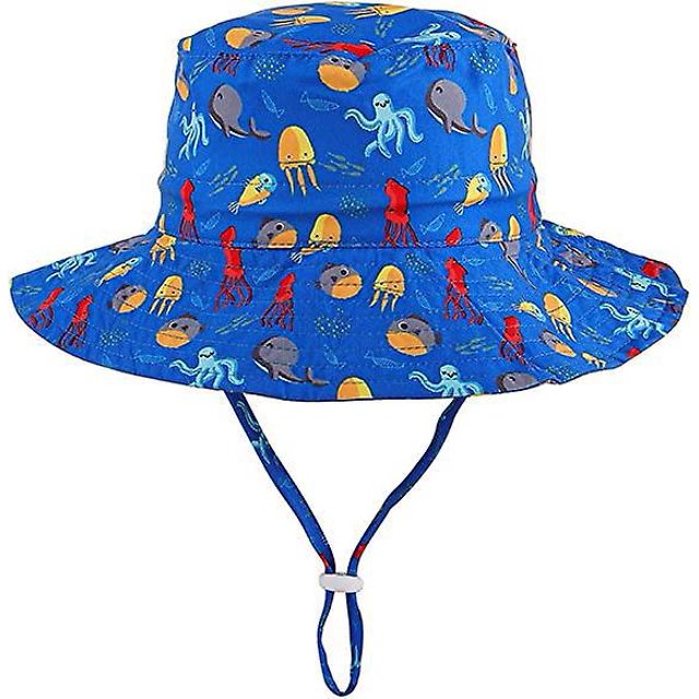 chapeau De Soleil Rglable Pour Bb (poulpe Bleue - Tour De Tte 44 - 46cm) Chapeau D't Pour Enfants Piscine Large Bord / Plage / Natation / Extrieu